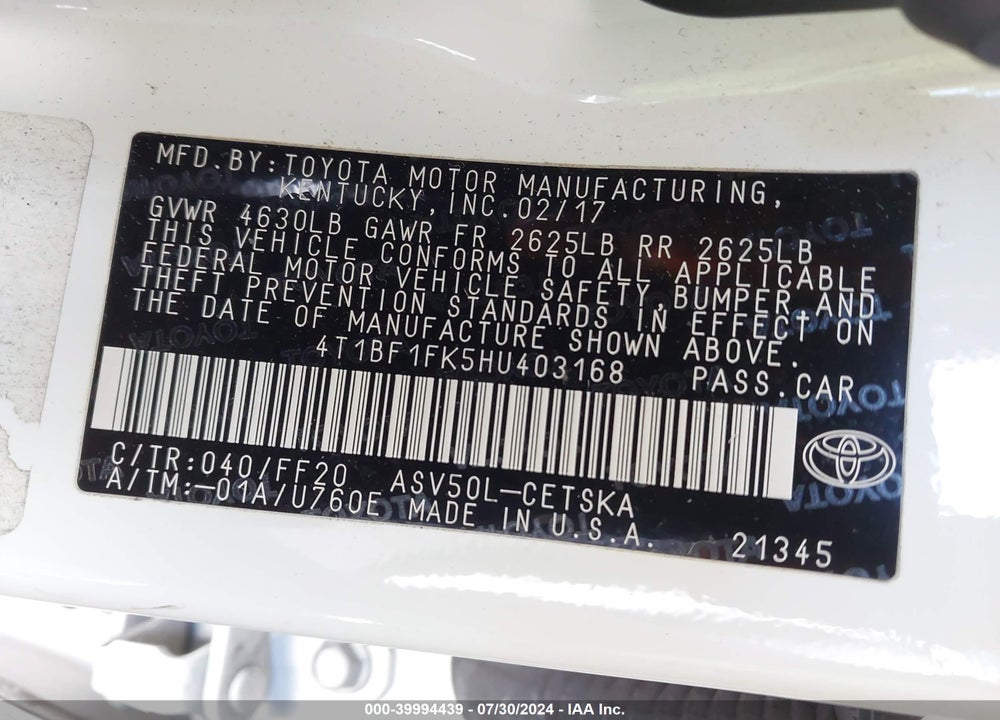 2017 TOYOTA CAMRY SE VIN: 4T1BF1FK5HU403168