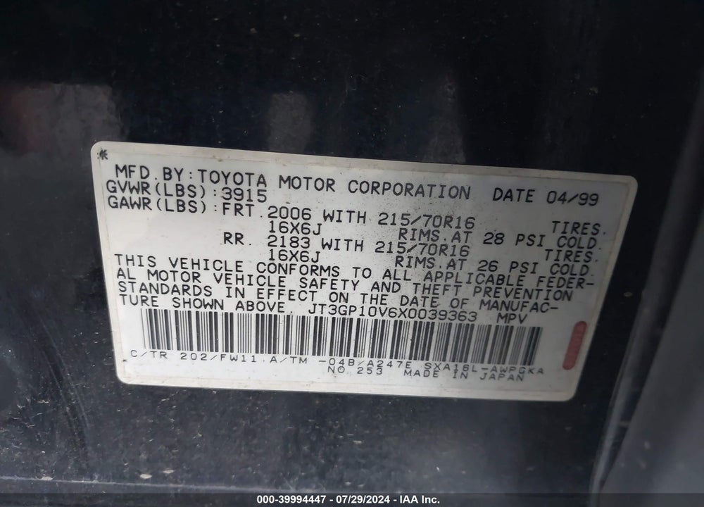 1999 TOYOTA RAV4 VIN: JT3GP10V6X0039363