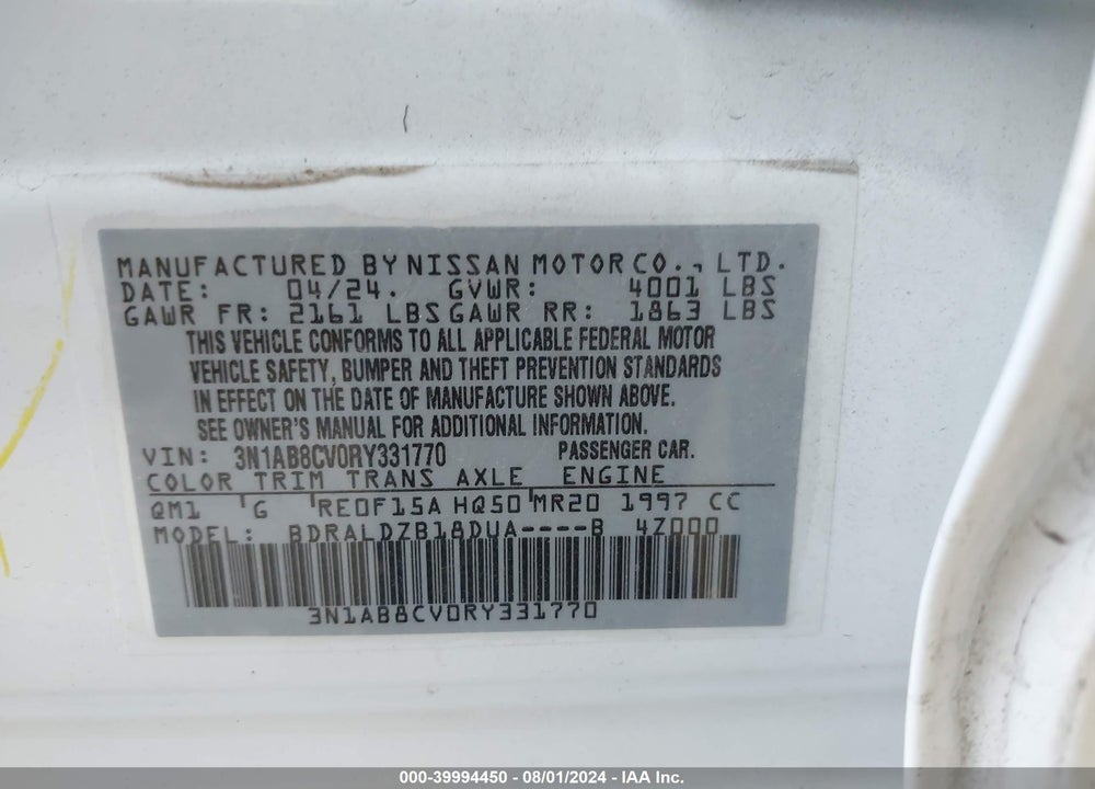 2024 NISSAN SENTRA SV XTRONIC CVT VIN: 3N1AB8CV0RY331770