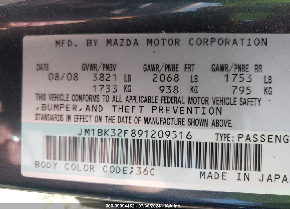 2009 MAZDA 3 I VIN: JM1BK32F891209516