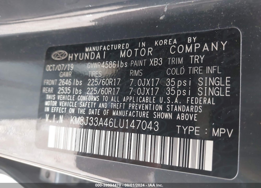 2020 HYUNDAI TUCSON VALUE VIN: KM8J33A46LU147043