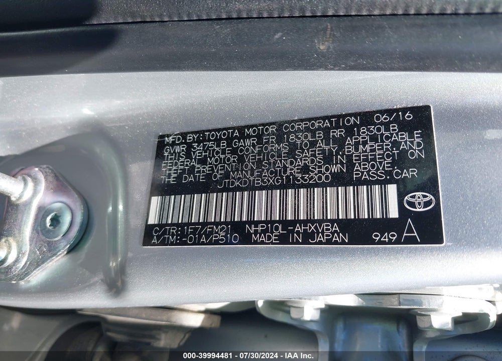 2016 TOYOTA PRIUS C TWO VIN: JTDKDTB3XG1133200