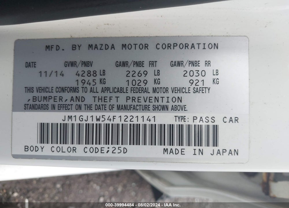 2015 MAZDA 6 I GRAND TOURING VIN: JM1GJ1W54F1221141