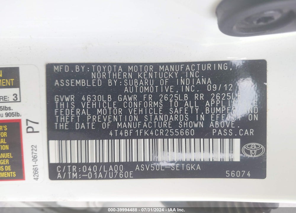 2012 TOYOTA CAMRY XLE VIN: 4T4BF1FK4CR255660