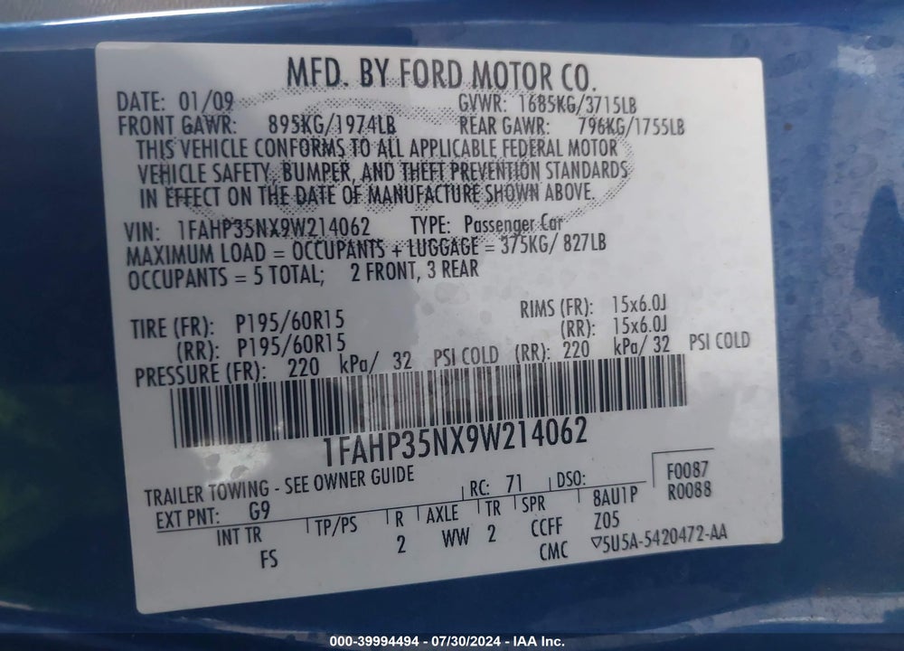 2009 FORD FOCUS SE VIN: 1FAHP35NX9W214062