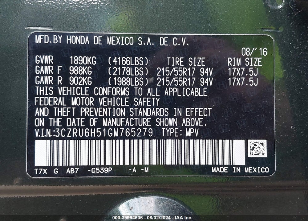 2016 HONDA HR-V EX VIN: 3CZRU6H51GM765279