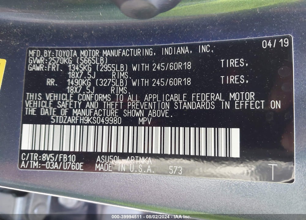 2019 TOYOTA HIGHLANDER LE VIN: 5TDZARFH9KS049980