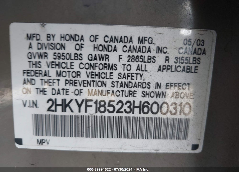2003 HONDA PILOT EX-L VIN: 2HKYF18523H600310