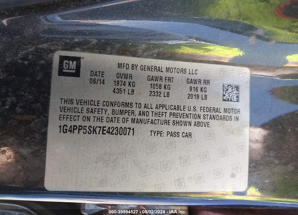 2014 BUICK VERANO VIN: 1G4PP5SK7E4230071