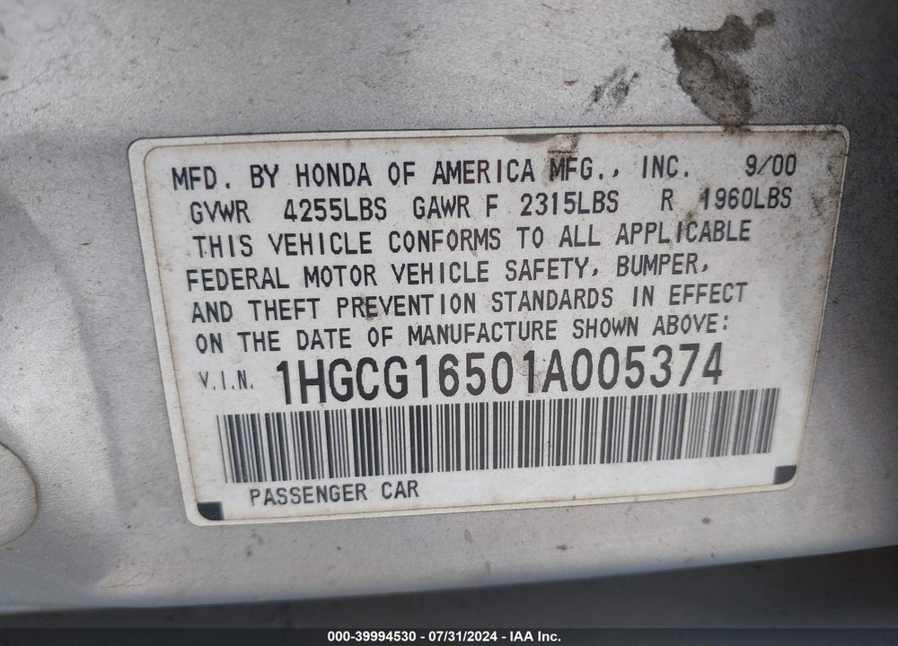 2001 HONDA ACCORD VIN: 1HGCG16501A005374