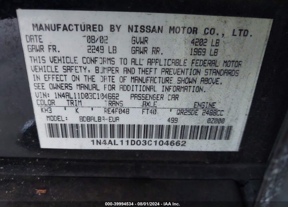 2003 NISSAN ALTIMA 2.5 S VIN: 1N4AL11D03C104662