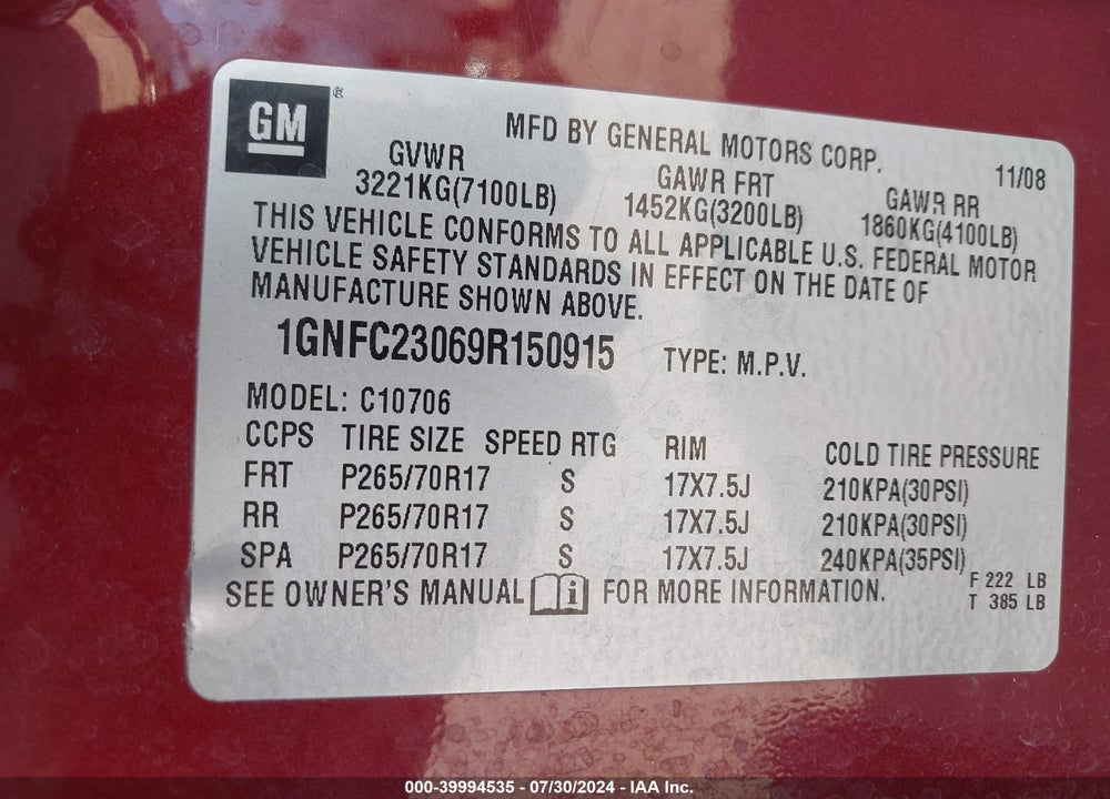 2009 CHEVROLET TAHOE LT1 VIN: 1GNFC23069R150915