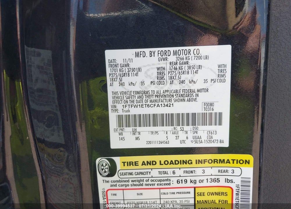 2012 FORD F-150 XLT VIN: 1FTFW1ET6CFA13421