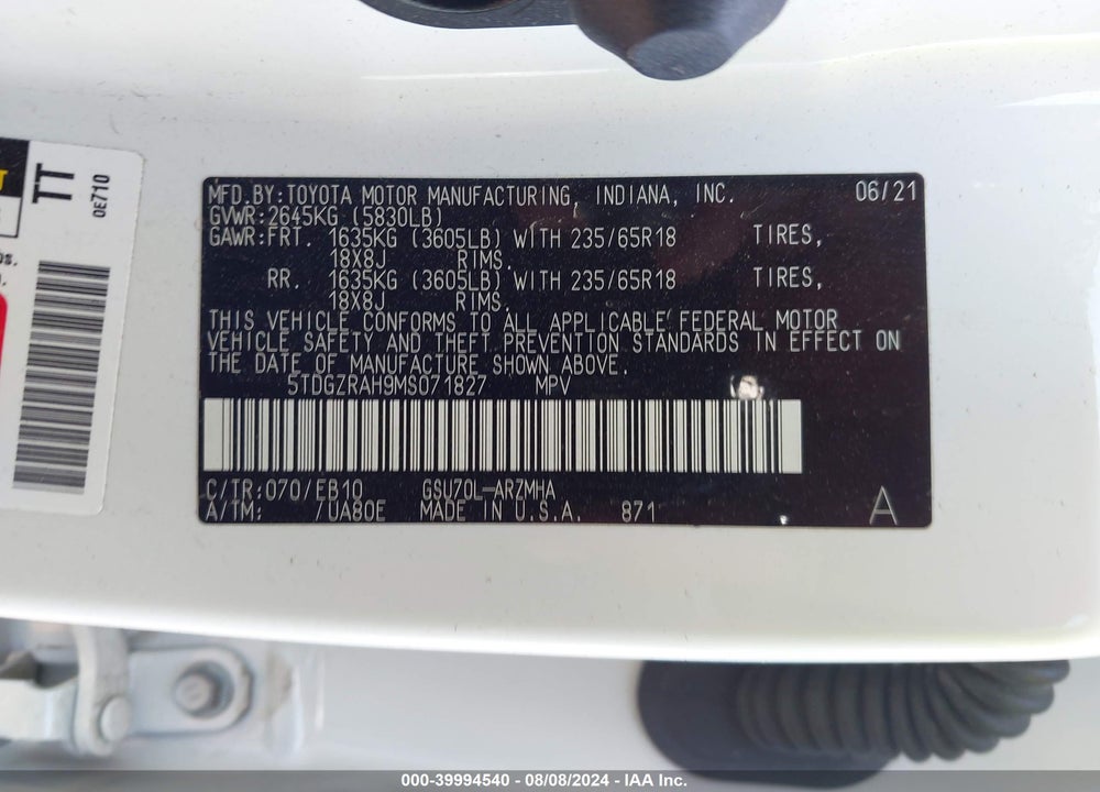 2021 TOYOTA HIGHLANDER XLE VIN: 5TDGZRAH9MS071827