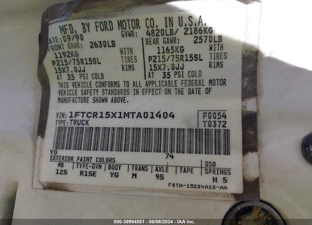 1991 FORD RANGER SUPER CAB VIN: 1FTCR15X1MTA01404
