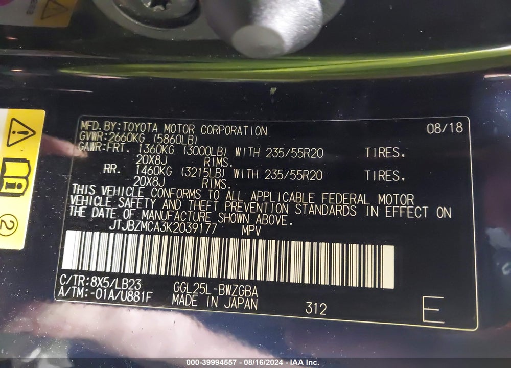 2019 LEXUS RX 350 VIN: JTJBZMCA3K2039177