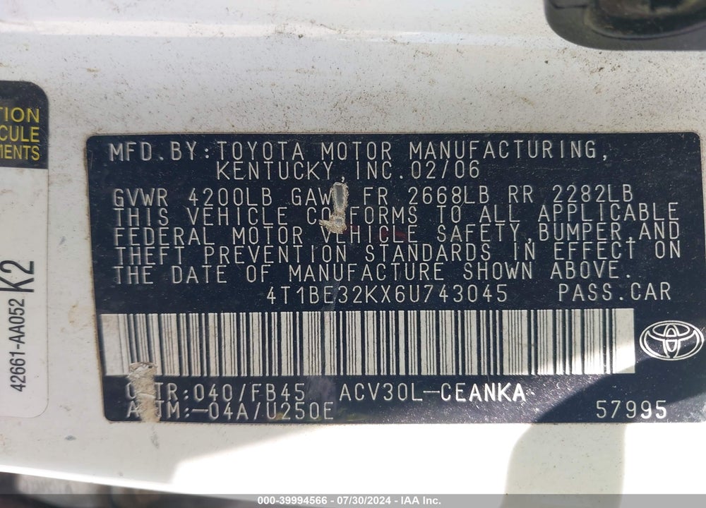 2006 TOYOTA CAMRY LE VIN: 4T1BE32KX6U743045