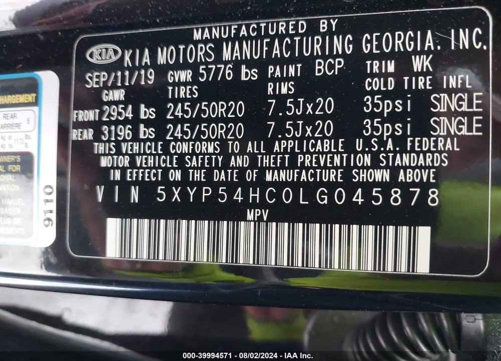 2020 KIA TELLURIDE VIN: 5XYP54HC0LG045878