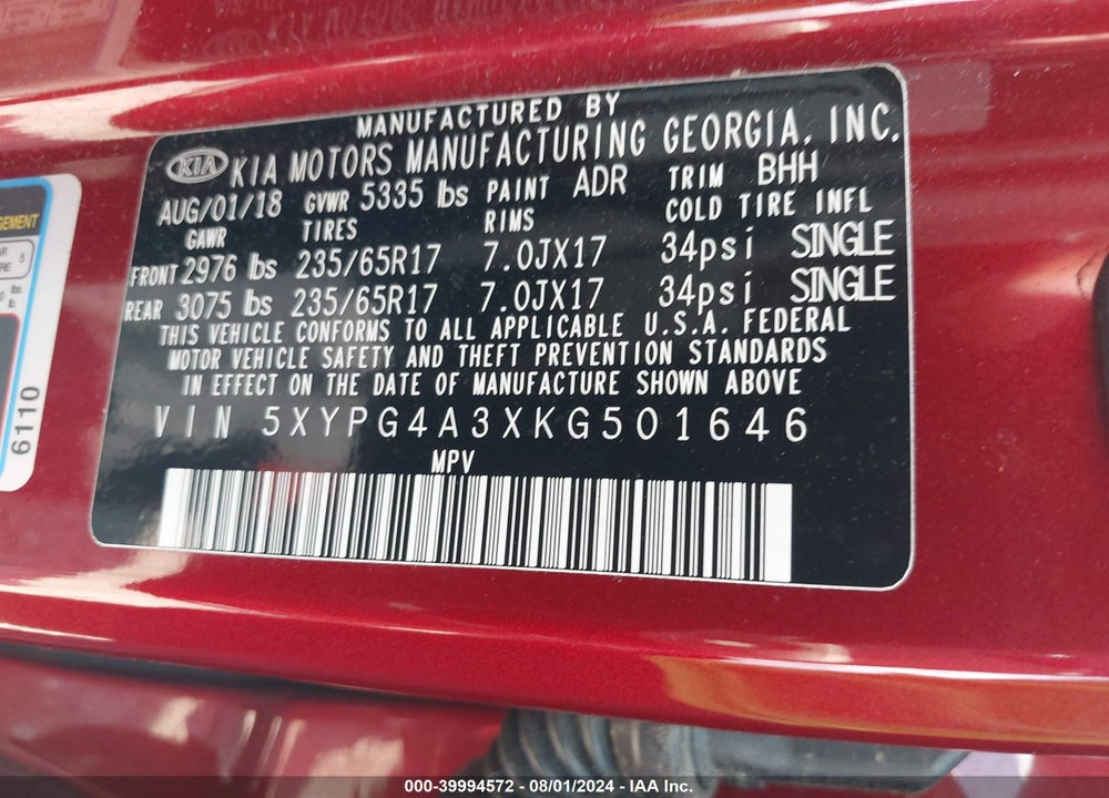 2019 KIA SORENTO 2.4L LX VIN: 5XYPG4A3XKG501646