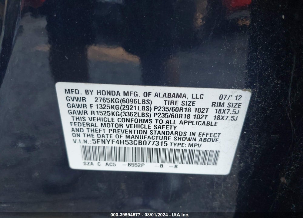 2012 HONDA PILOT EX-L VIN: 5FNYF4H53CB077315