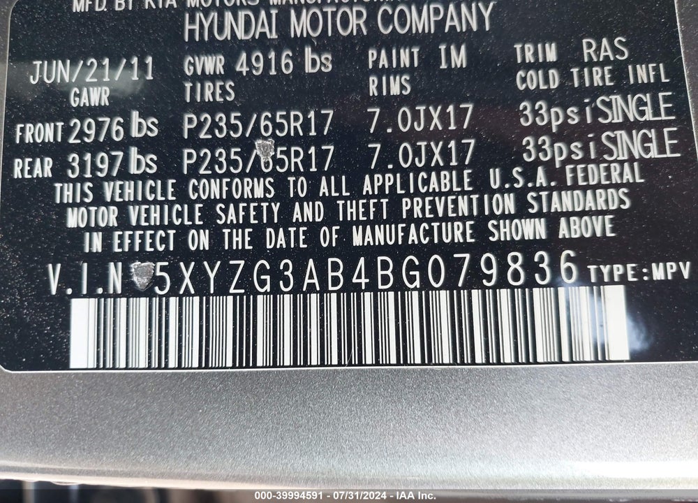 2011 HYUNDAI SANTA FE GLS VIN: 5XYZG3AB4BG079836