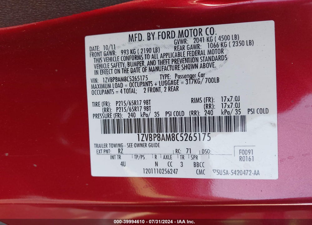 2012 FORD MUSTANG V6 PREMIUM VIN: 1ZVBP8AM8C5265175