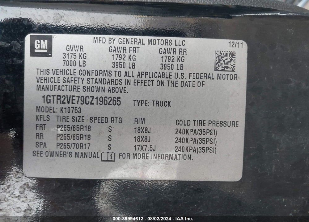2012 GMC SIERRA 1500 SLE VIN: 1GTR2VE79CZ196265