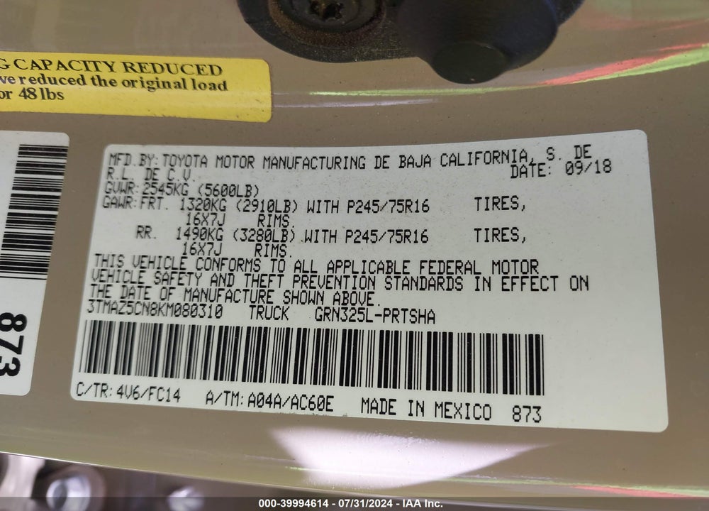 2019 TOYOTA TACOMA SR5 V6 VIN: 3TMAZ5CN8KM080310