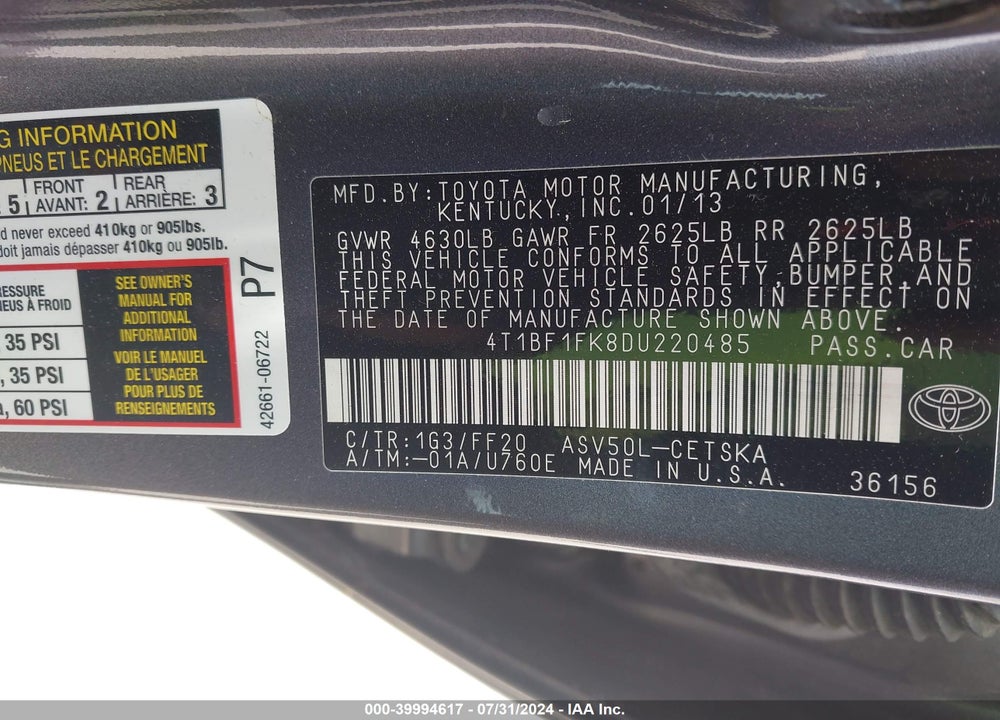 2013 TOYOTA CAMRY SE VIN: 4T1BF1FK8DU220485