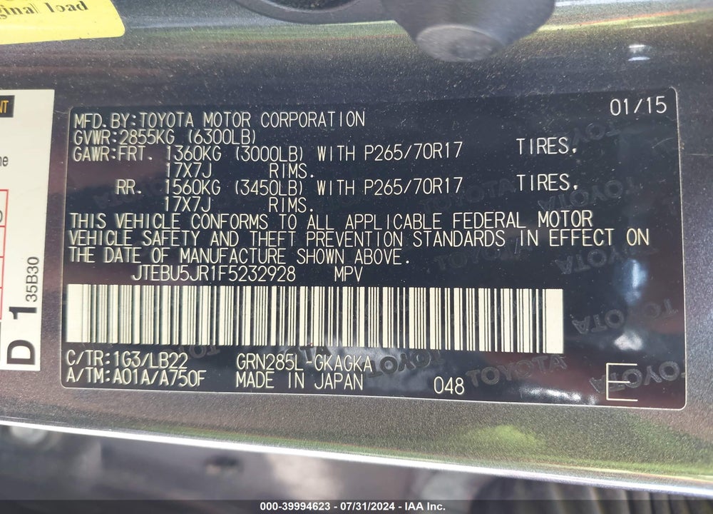 2015 TOYOTA 4RUNNER VIN: JTEBU5JR1F5232928