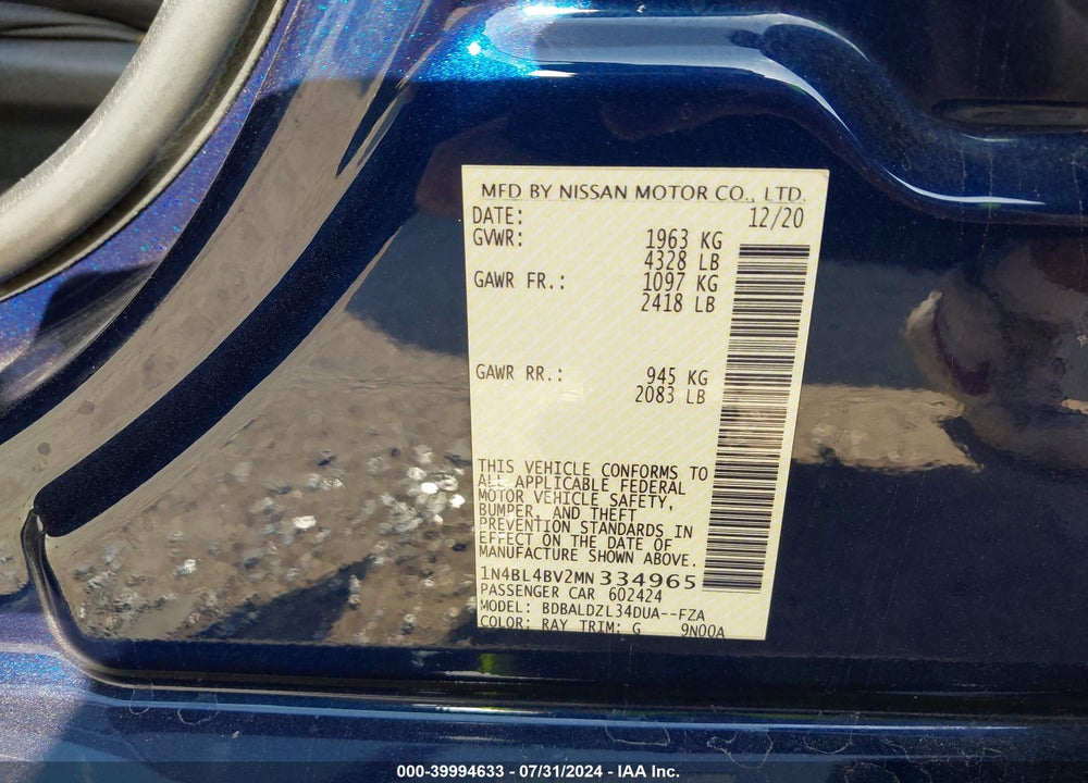 2021 NISSAN ALTIMA S FWD VIN: 1N4BL4BV2MN334965