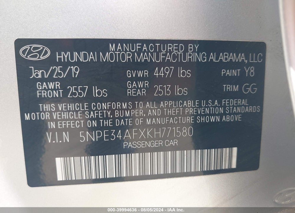 2019 HYUNDAI SONATA SEL VIN: 5NPE34AFXKH771580