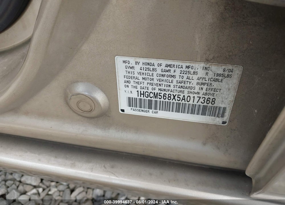 2005 HONDA ACCORD 2.4 EX VIN: 1HGCM568X5A017368