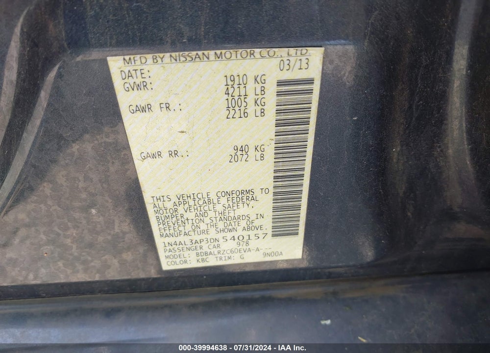 2013 NISSAN ALTIMA 2.5 S VIN: 1N4AL3AP3DN540157