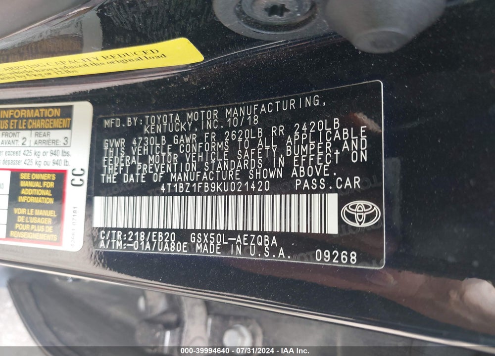 2019 TOYOTA AVALON LIMITED/TOURING/XLE/XSE VIN: 4T1BZ1FB9KU021420