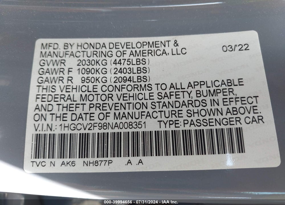 2022 HONDA ACCORD VIN: 1HGCV2F98NA008351