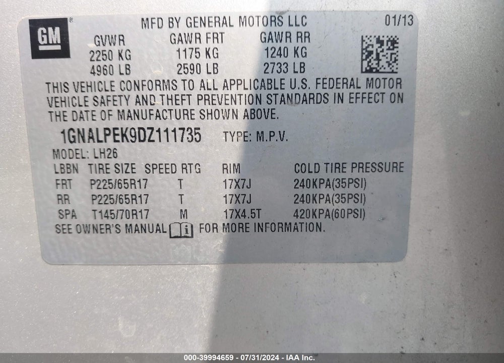 2013 CHEVROLET EQUINOX 2LT VIN: 1GNALPEK9DZ111735