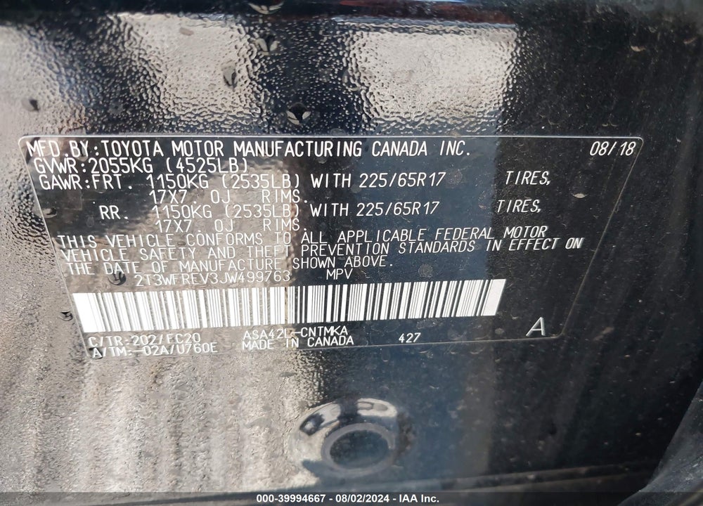 2018 TOYOTA RAV4 XLE VIN: 2T3WFREV3JW499763