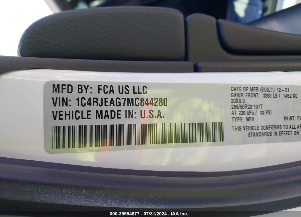 2021 JEEP GRAND CHEROKEE VIN: 1C4RJEAG7MC844280