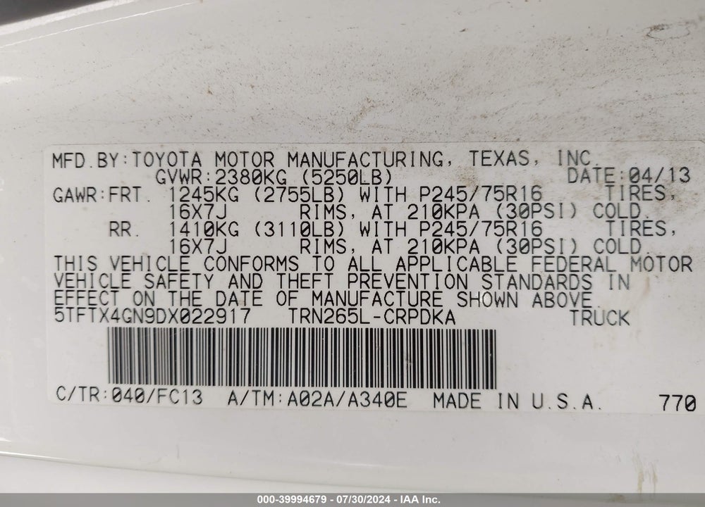 2013 TOYOTA TACOMA PRERUNNER VIN: 5TFTX4GN9DX022917