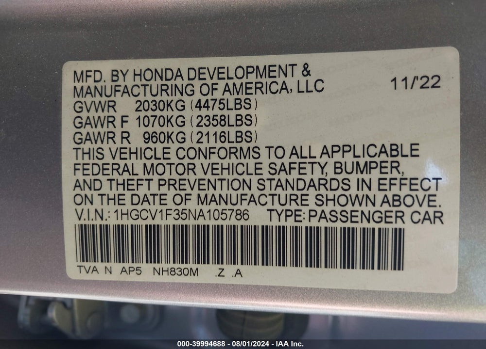 2022 HONDA ACCORD SPORT VIN: 1HGCV1F35NA105786