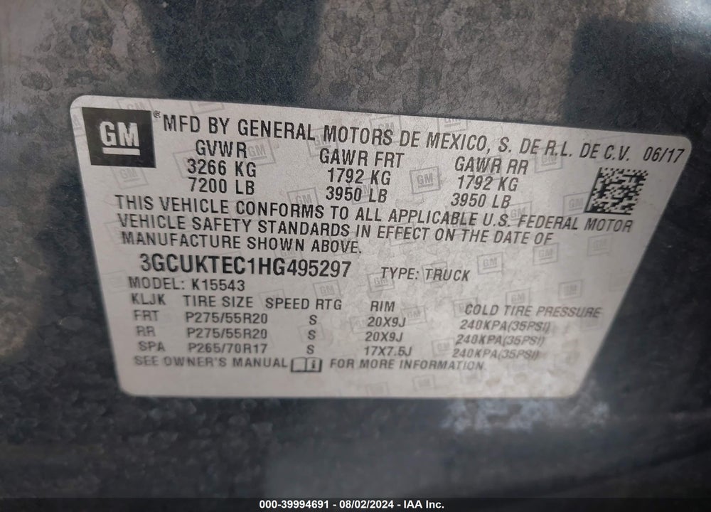2017 CHEVROLET SILVERADO 1500 HIGH COUNTRY VIN: 3GCUKTEC1HG495297
