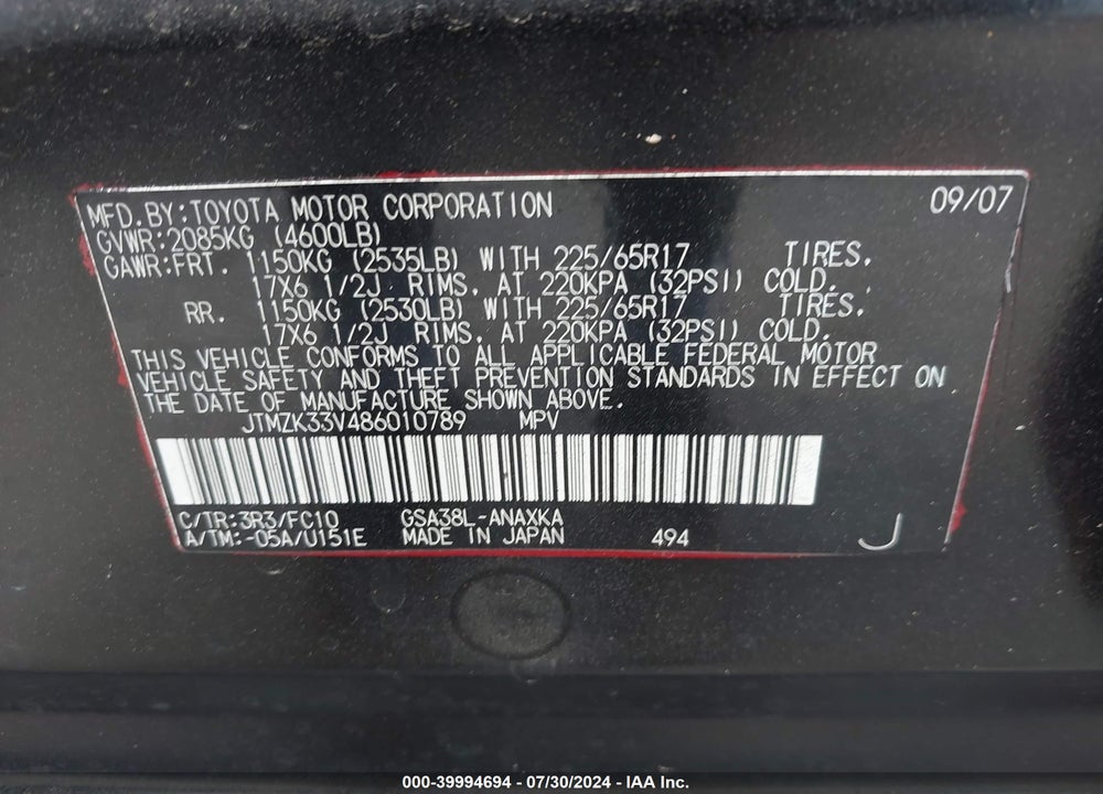 2008 TOYOTA RAV4 BASE V6 VIN: JTMZK33V486010789