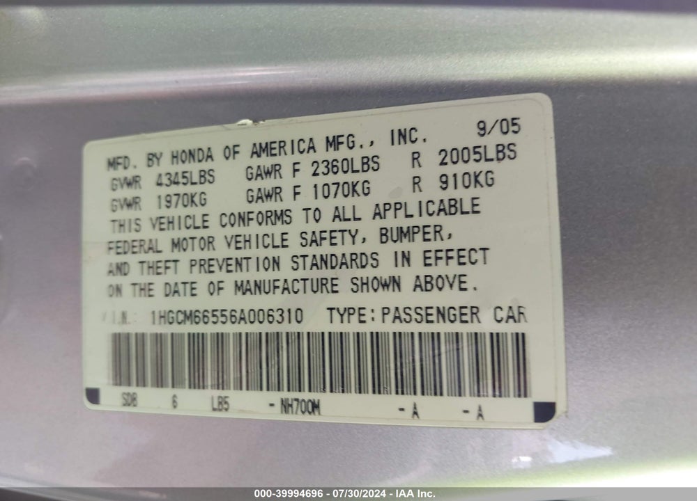 2006 HONDA ACCORD 3.0 EX VIN: 1HGCM66556A006310