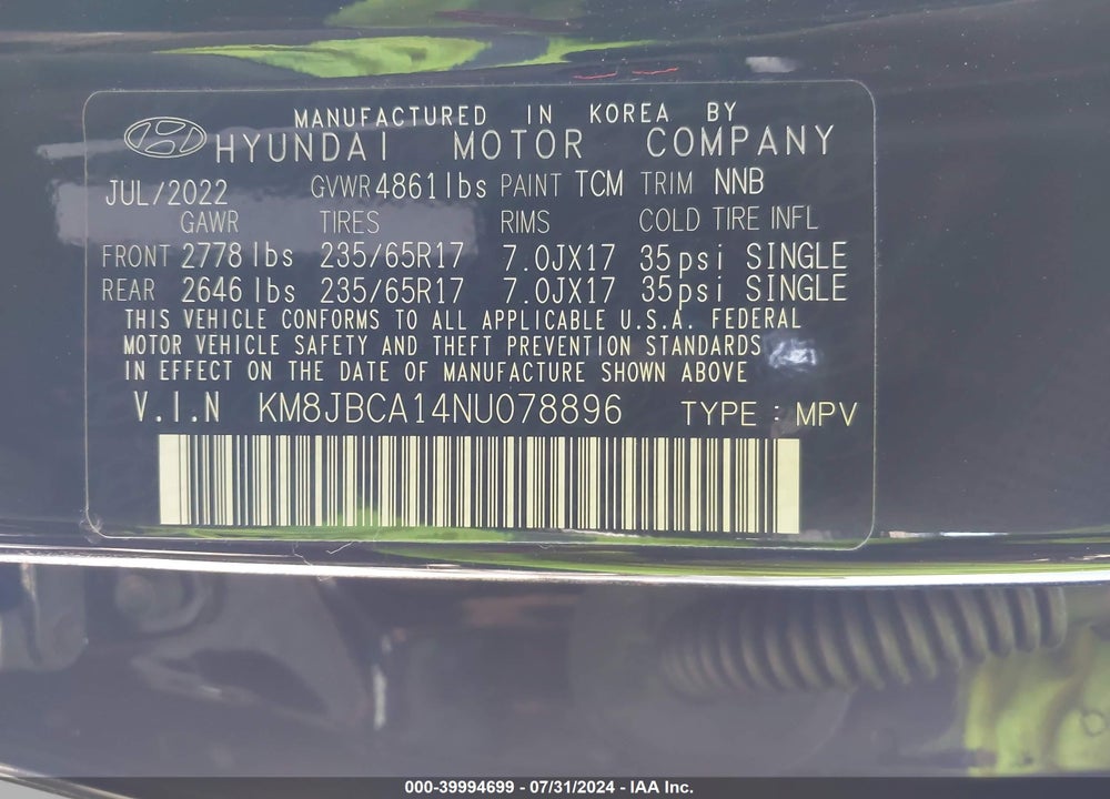 2022 HYUNDAI TUCSON HYBRID BLUE VIN: KM8JBCA14NU078896