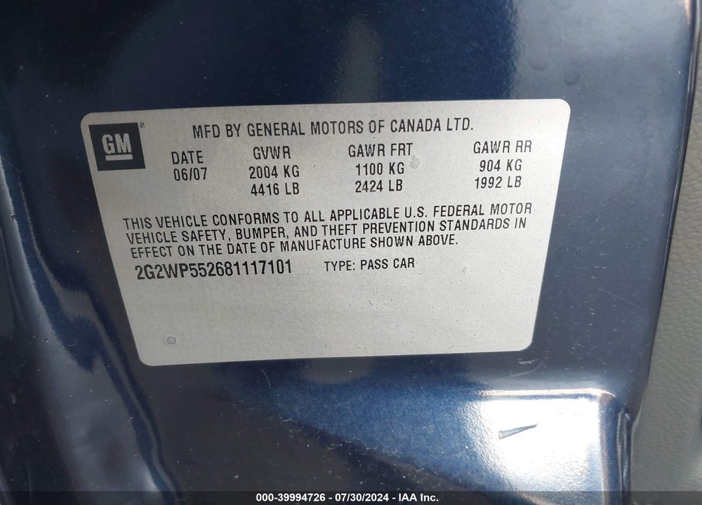 2008 PONTIAC GRAND PRIX VIN: 2G2WP552681117101