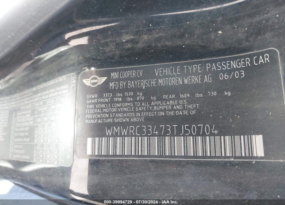 2003 MINI COOPER VIN: WMWRC33473TJ50704