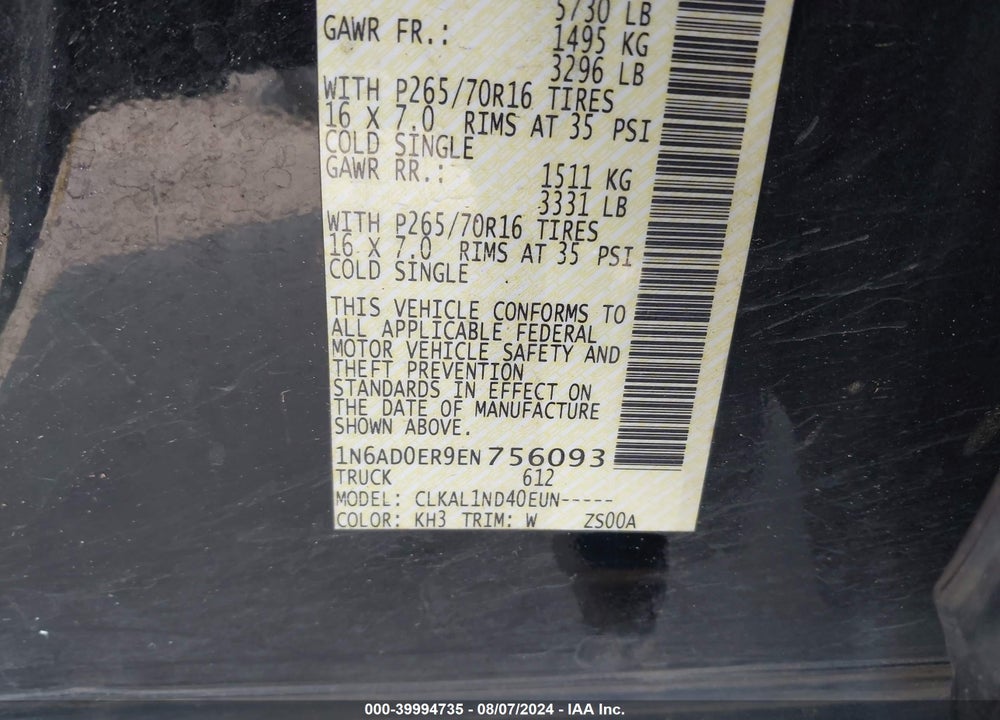2014 NISSAN FRONTIER S VIN: 1N6AD0ER9EN756093