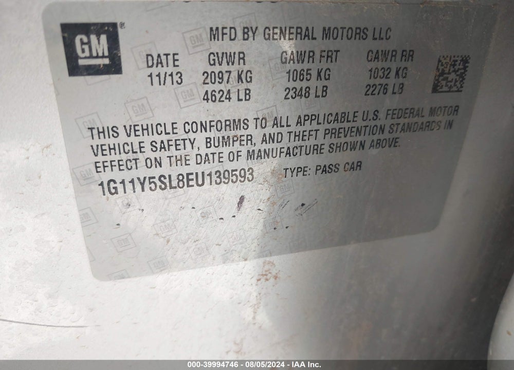 2014 CHEVROLET IMPALA 1LS VIN: 1G11Y5SL8EU139593