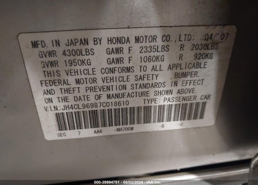 2007 ACURA TSX VIN: JH4CL96987C018610